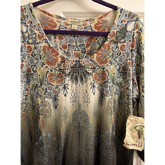 NWT One World Boho Green Top Sz 2X Tunic Artsy Rhinestones Whimsy - Picture 4 of 9